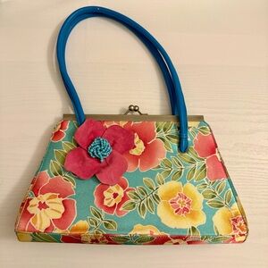 Ramon Tenza Hawaiian Floral Handbag Purse Blue Pink Yellow Satin Beaded Flower